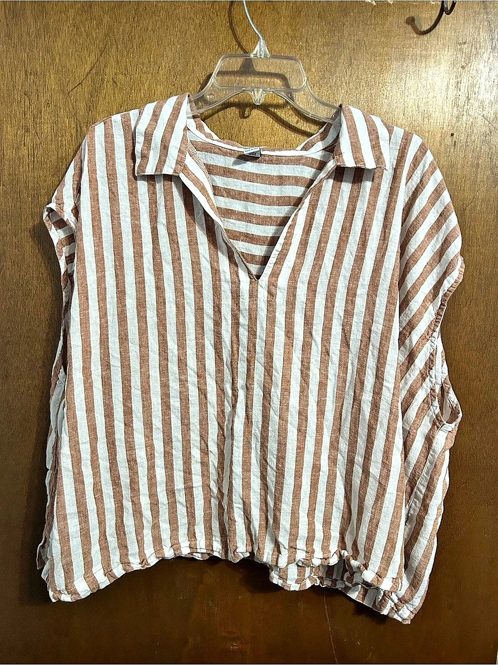 Old Navy Linen-Blend Cropped Popover Shirt White & Brown 2X